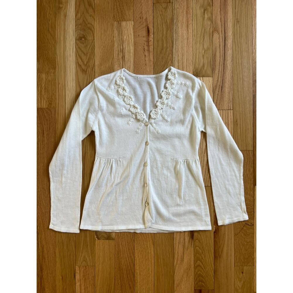 Charabia White Crochet Flower Knit Cardigan Easter Spring French (Girl size 8)